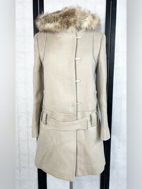 Prada Beige Fur-Trim Hooded Trench Coat. Size: 38